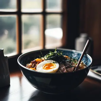 Bowl of Japanese ramen with soft-boiled egg and sliced pork - Image 2