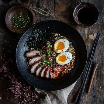 Bowl of Japanese ramen with soft-boiled egg and sliced pork - Image 3