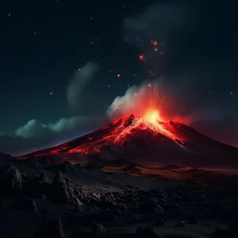 Night view of a volcano emitting lava flares with a starry sky - Image 1