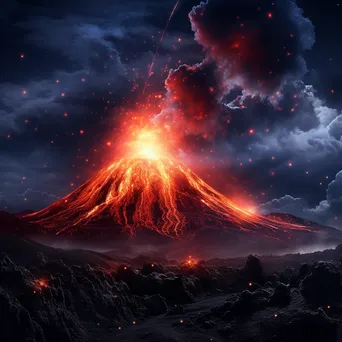 Night view of a volcano emitting lava flares with a starry sky - Image 2