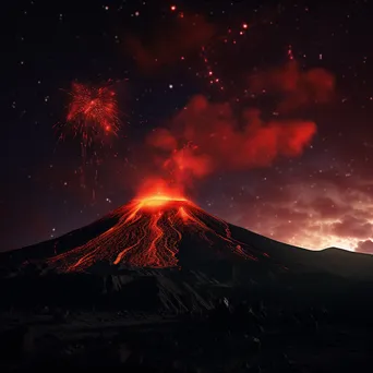 Night view of a volcano emitting lava flares with a starry sky - Image 4