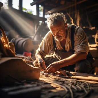 Artisan shaping wooden planks in a boat-building workshop - Image 1