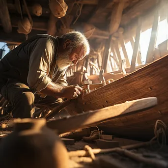 Artisan shaping wooden planks in a boat-building workshop - Image 3