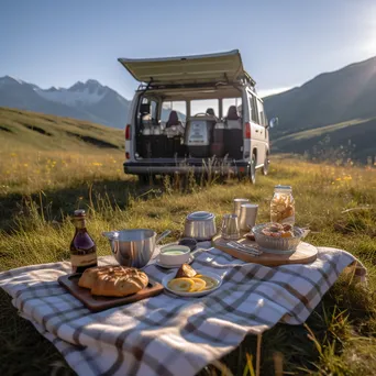 Outdoor breakfast beside a classic van in a mountainous setting - Image 1