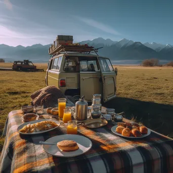 Outdoor breakfast beside a classic van in a mountainous setting - Image 2