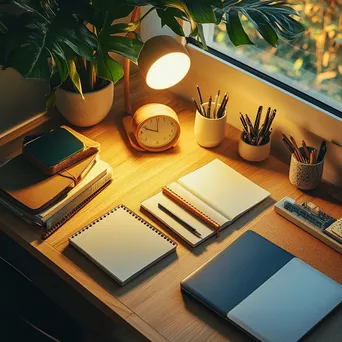 Tidy desk with eco-friendly office supplies in warm lighting - Image 1