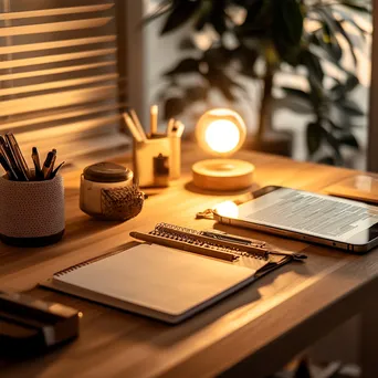 Tidy desk with eco-friendly office supplies in warm lighting - Image 3