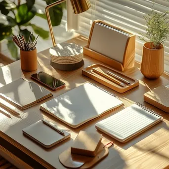 Tidy desk with eco-friendly office supplies in warm lighting - Image 4