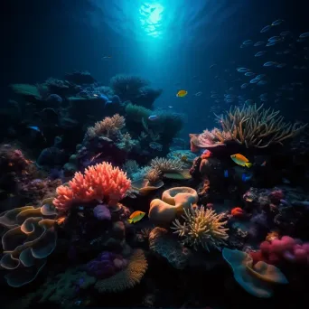 Luminous coral reef with bioluminescent creatures at twilight, shot with a Sony Alpha 1. - Image 2