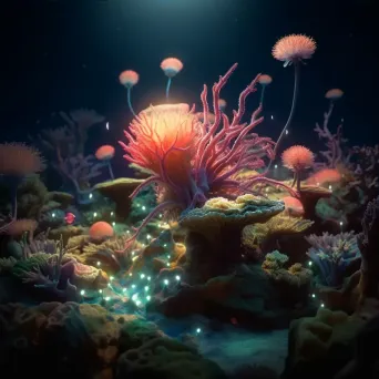 Luminous coral reef with bioluminescent creatures at twilight, shot with a Sony Alpha 1. - Image 3