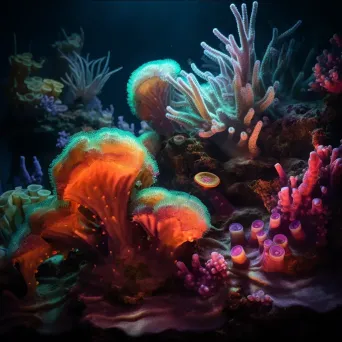 Luminous coral reef with bioluminescent creatures at twilight, shot with a Sony Alpha 1. - Image 4