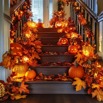 Stairway decorated with autumn leaves and pumpkins under warm light - Image 1