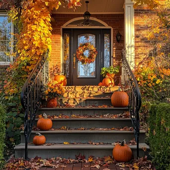 Stairway decorated with autumn leaves and pumpkins under warm light - Image 2