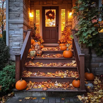 Stairway decorated with autumn leaves and pumpkins under warm light - Image 3