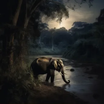 Image of a Sumatran elephant walking along the riverbank in the Indonesian jungle at dusk - Image 2