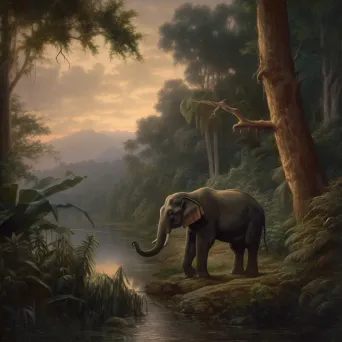 Image of a Sumatran elephant walking along the riverbank in the Indonesian jungle at dusk - Image 3