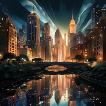 Solar light city skyline reflecting off a serene stream with echoes of Art Deco styling - Image 3