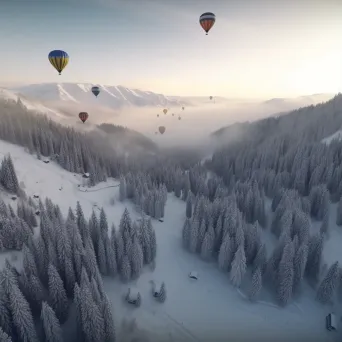 Hot air balloons flying over snow-covered mountains and forests in winter - Image 1