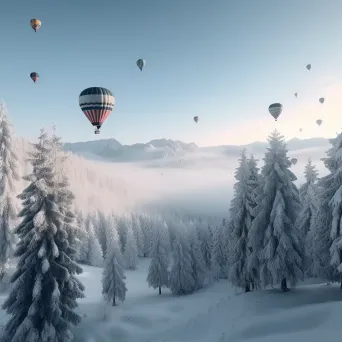 Hot air balloons flying over snow-covered mountains and forests in winter - Image 2