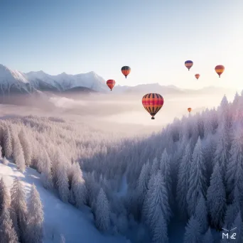 Hot air balloons flying over snow-covered mountains and forests in winter - Image 3