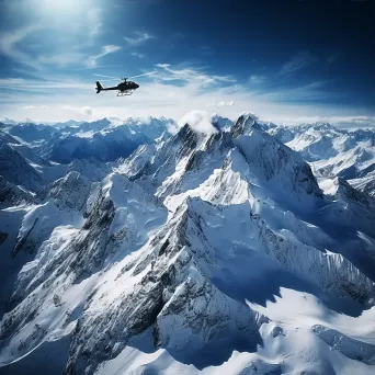 Mountain range in winter with helicopters hovering, aerial view - Image 3