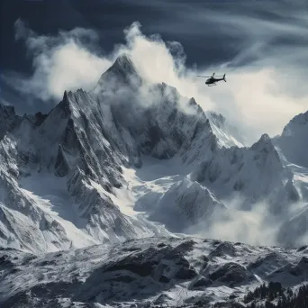 Mountain range in winter with helicopters hovering, aerial view - Image 4