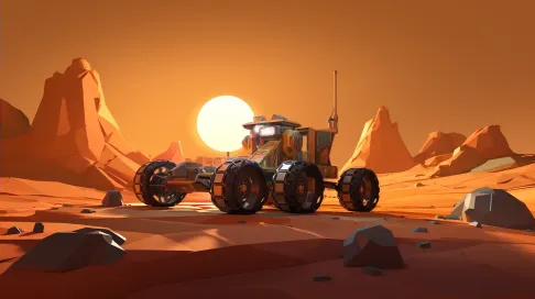 Low poly space rover on an alien planet with twin suns in Cubist style - Image 2