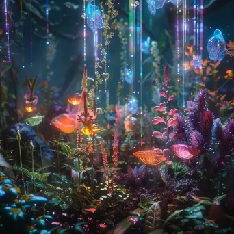 Alien garden with bioluminescent flora and floating crystals emitting rainbow lights - Image 1