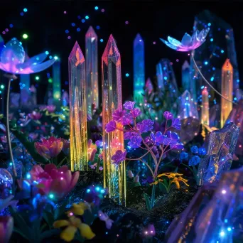 Alien garden with bioluminescent flora and floating crystals emitting rainbow lights - Image 3