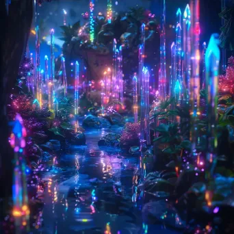 Alien garden with bioluminescent flora and floating crystals emitting rainbow lights - Image 4