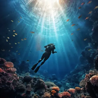 Diver plunging into deep blue ocean waters amidst coral reef. - Image 1