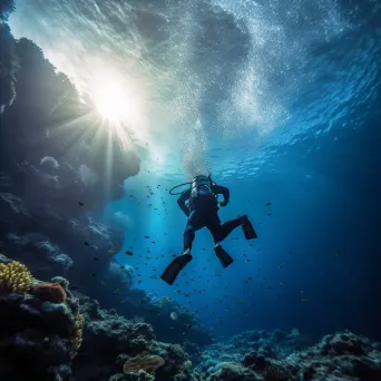 Diver plunging into deep blue ocean waters amidst coral reef. - Image 2