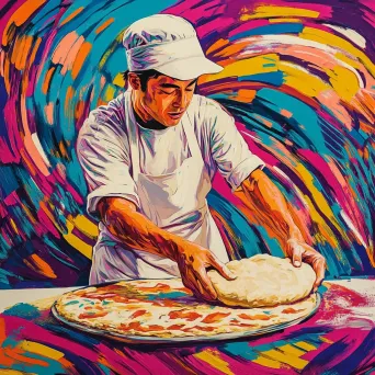 Pop art style baker energetically tossing pizza dough - Image 4