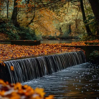 Traditional weir with autumn leaves falling around it - Image 1