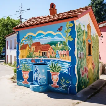 Traditional well with colorful murals in a village square - Image 2