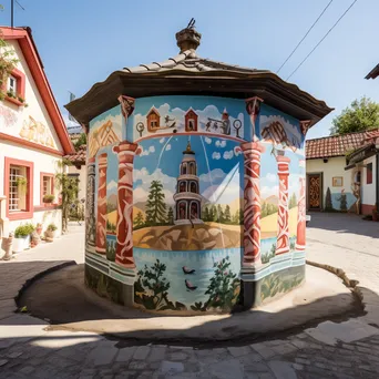 Traditional well with colorful murals in a village square - Image 3