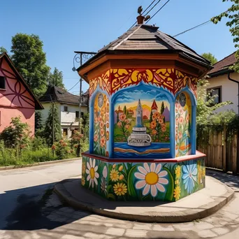 Traditional well with colorful murals in a village square - Image 4