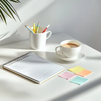 Minimalist desk with a planner, sticky notes, and coffee cup in natural light - Image 1