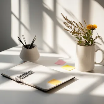 Minimalist desk with a planner, sticky notes, and coffee cup in natural light - Image 2