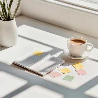 Minimalist desk with a planner, sticky notes, and coffee cup in natural light - Image 3