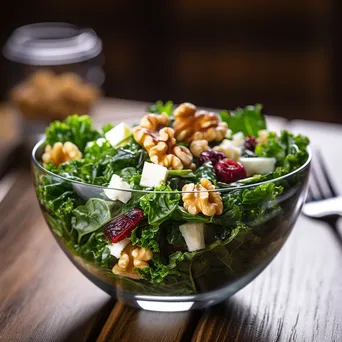 A fresh kale salad with walnuts, cranberries, and feta in a clear bowl on a wooden table. - Image 1