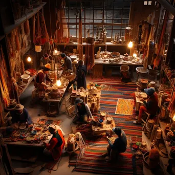 Artisans weaving rugs in a colorful workshop. - Image 1