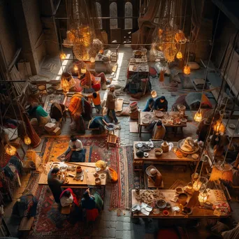 Artisans weaving rugs in a colorful workshop. - Image 2