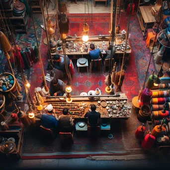 Artisans weaving rugs in a colorful workshop. - Image 3