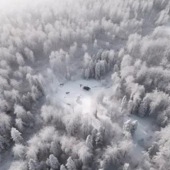 Snowy forest aerial view with helicopters on rescue mission, winter scene - Image 1