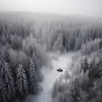 Snowy forest aerial view with helicopters on rescue mission, winter scene - Image 4