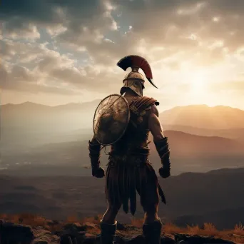 Image of Spartan warrior on hilltop with vast army under morning sun - Image 2