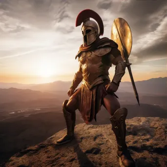 Image of Spartan warrior on hilltop with vast army under morning sun - Image 3