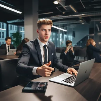 Young professional engaging in a virtual conference via laptop. - Image 4