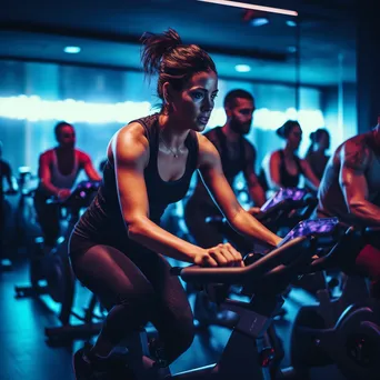 Group of cyclists in a spin class with colorful lights and energetic vibes. - Image 4